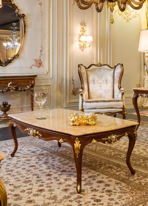 Royal Rectangular Coffee Table – Crema Valencia Marble Top with Gold & Silver Leaf Finish