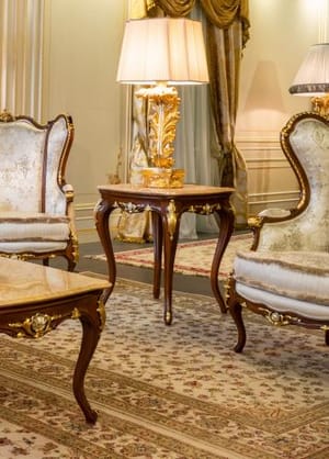 Royal Round Coffee Table – Crema Valencia Marble Top with Gold & Silver Leaf Finish