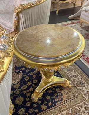 Royal Empire Round Coffee Table – Crema Valencia Marble Top with Gold Leaf and Silver Details