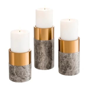 Modern Candle Holder Trio – Sierra Grey Marble & Brass Accent
