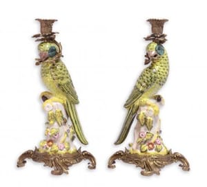 Luxury Bronze Mounted Porcelain Pair Parrot Candle Holders