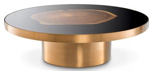 Luxuriöser runder Couchtisch aus schwarzem Glas mit Messingrahmen