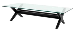Luxuriöser rechteckiger Couchtisch mit klarem Glasplatte und schwarzen X-förmigen Beinen