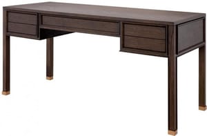 Luxury Brown Oak Veneer & Brass Finish Desk with 5 Drawer