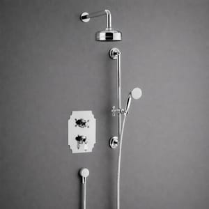 Luxury Concealed Thermostatic Dual Control Shower Valve with Fixed Head and Flexible Riser Kits in Chrome Plated Finish