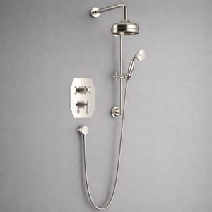 Luxury Concealed Thermostatic Dual Control Shower Valve with Fixed Head and Flexible Riser Kits in Vintage Gold Plated Finish