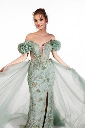 Mint Green Off-Shoulder Floral Couture Gown – Embellished Tulle Luxury Evening Dress from Luxoroa
