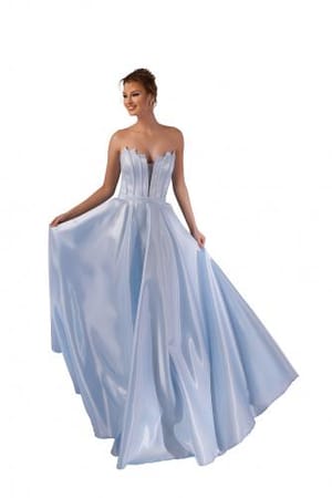 Celestial Ice Blue Couture Gown – Sculpted Strapless Satin Elegance from Luxoroa