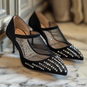Noir Crystal Mesh Couture Heels – Luxury Pointed Toe Stilettos from Luxoroa