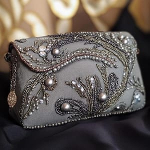 Charcoal Pearl-Beaded Couture Clutch – Luxury Hand-Embroidered Evening Bag from Luxoroa