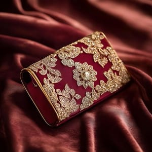 Crimson Royale Embellished Clutch – Luxury Gold Floral Couture Evening Bag from Luxoroa