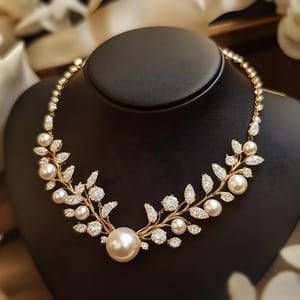 Opulent Pearl & Crystal Leaf Necklace from Luxoroa