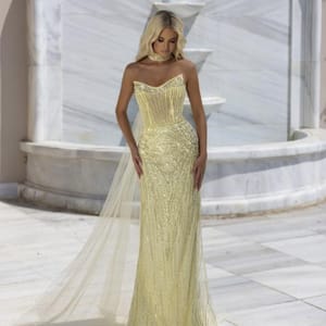 Luxury Golden Crystal Embellished Strapless Evening Gown with Sculpted Silhouette from Luxoroa