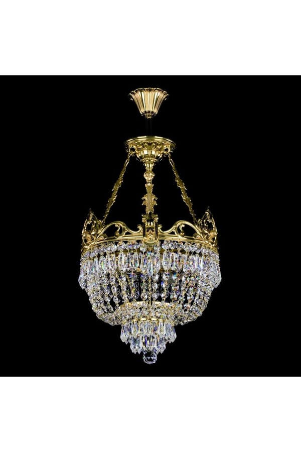 Kristallkorb-Deckenleuchte aus poliertem Messing - Luxus 3-Licht Leuchte