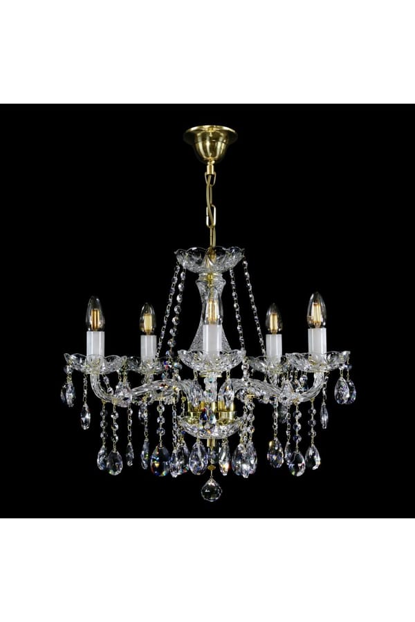 Eleganter moderner 5-Licht-Kronleuchter aus Kristall mit Goldmessing-Finish