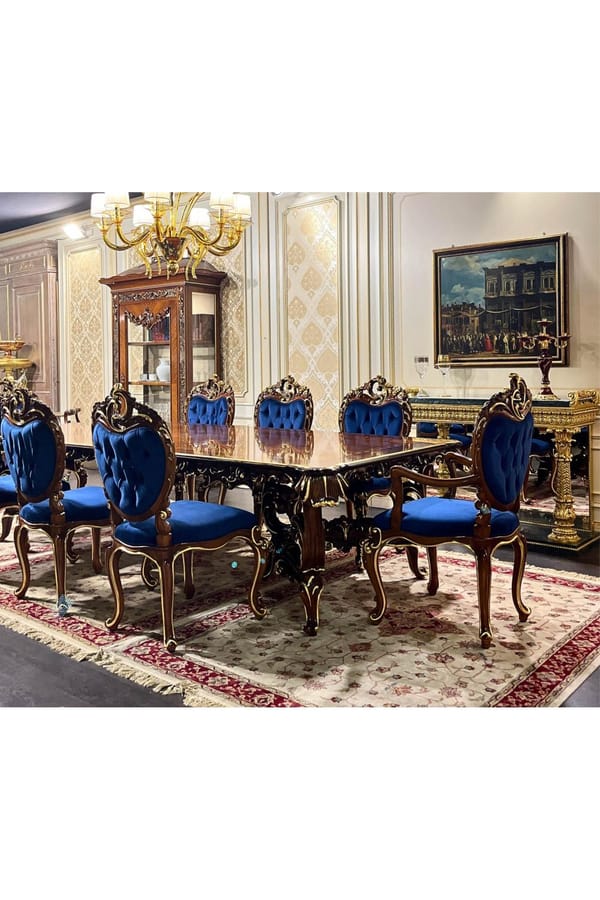 Baroque Walnut Inlay Dining Table – Gold-Patinated Detailing