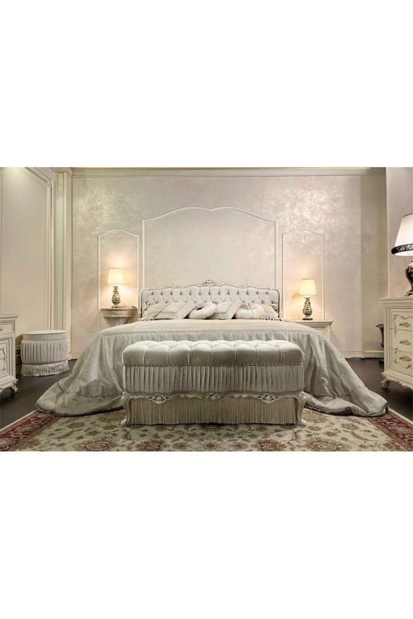 Imperial Ivory Velvet King Bed – Luxury Handcrafted Bed with Gold Accents