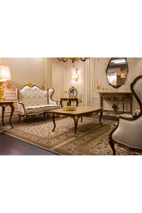 Royal Two-Seater Sofa – Walnut Finish with Gold & Silver Detailing