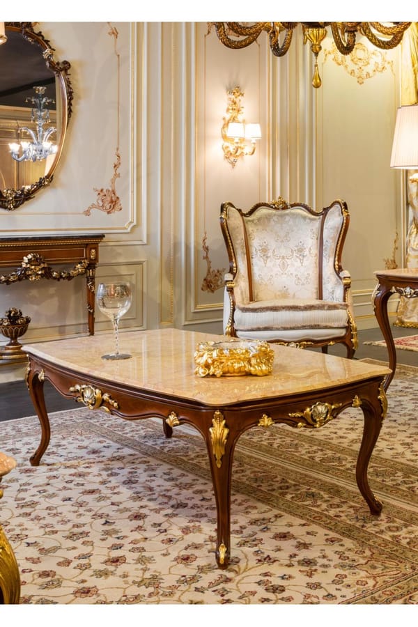 Royal Rectangular Coffee Table – Crema Valencia Marble Top with Gold & Silver Leaf Finish