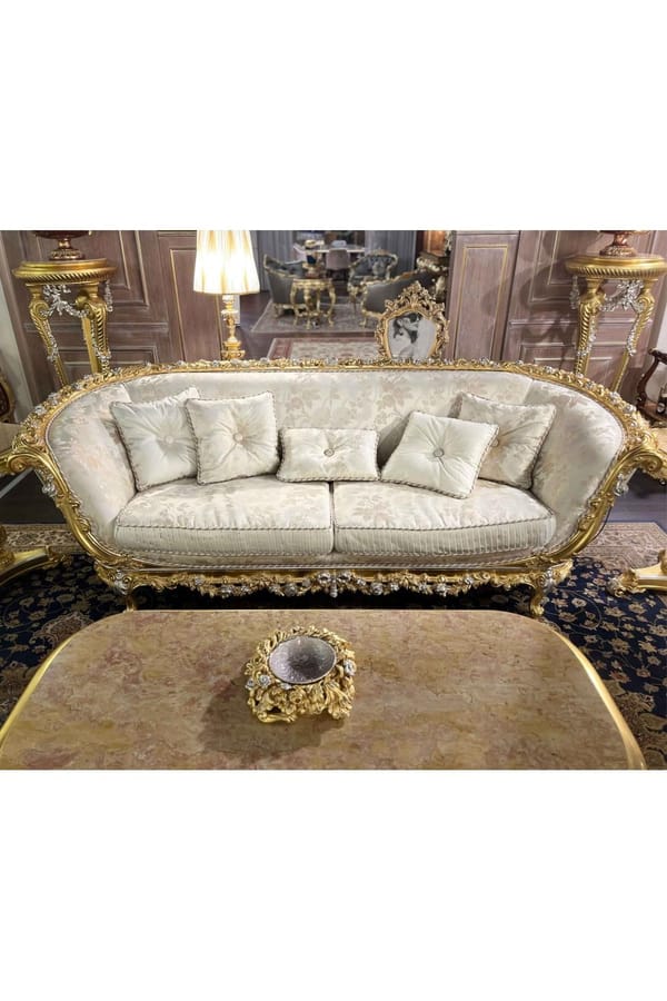 Luxury Empire Sofa – Gold Leaf Finish with Silver Details