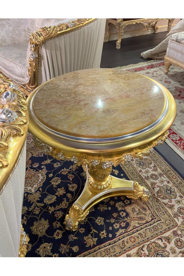 Royal Empire Round Coffee Table – Crema Valencia Marble Top with Gold Leaf and Silver Details