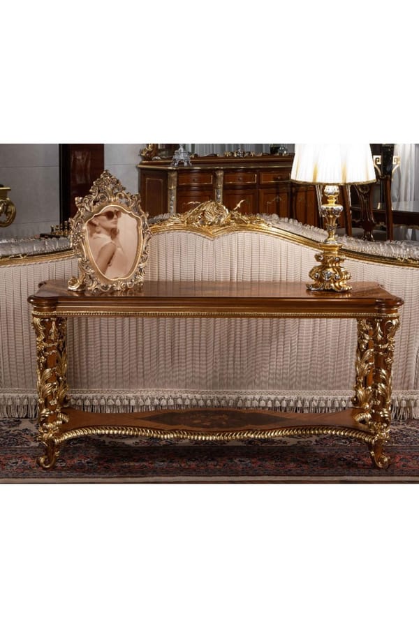 Luxury Console Table – Emperador Marble Top with Walnut, Gold & Silver Finish