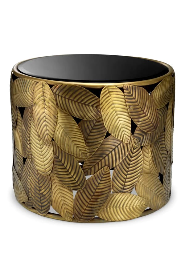 Luxury Vintage Brass Finish Round Botanic Side Table With Black Glass