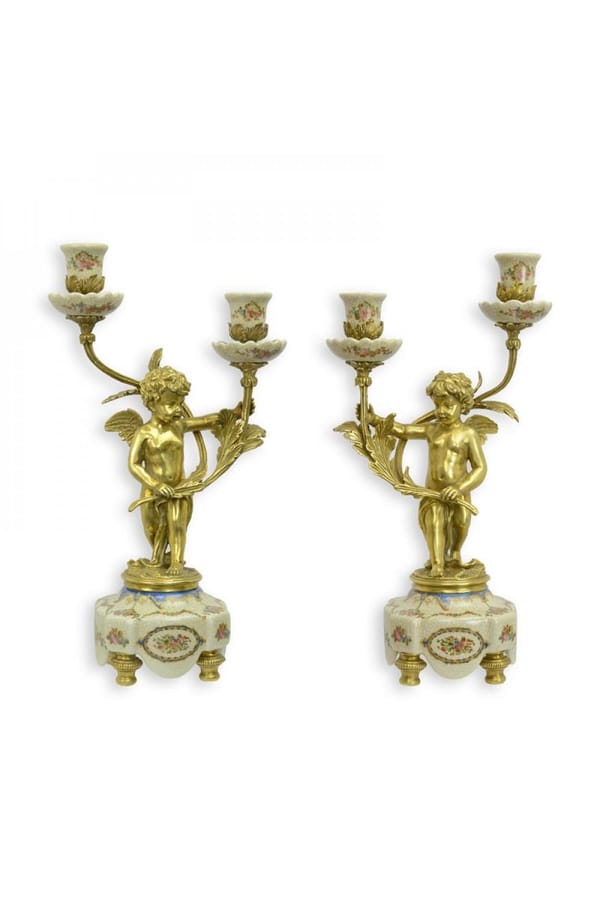 Luxury Bronze Mounted Porcelain Pair Two-Branch Candelabra