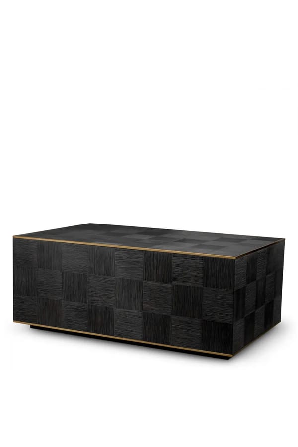 Luxury Rectangular Black Wooden Coffee Table with Brass Border