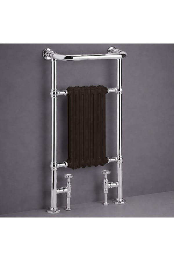 Luxury Chrome Floor Mounted Heated Towel Rail with Integrated Black Column Radiator – 94 CM