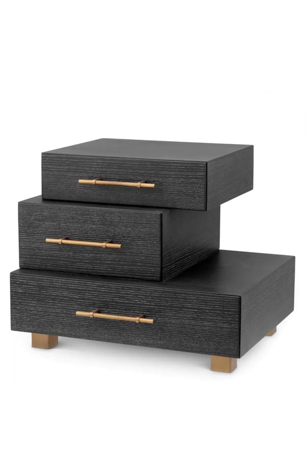Luxury Solid Black Wooden Nightstrand with Brushed Brass Finish