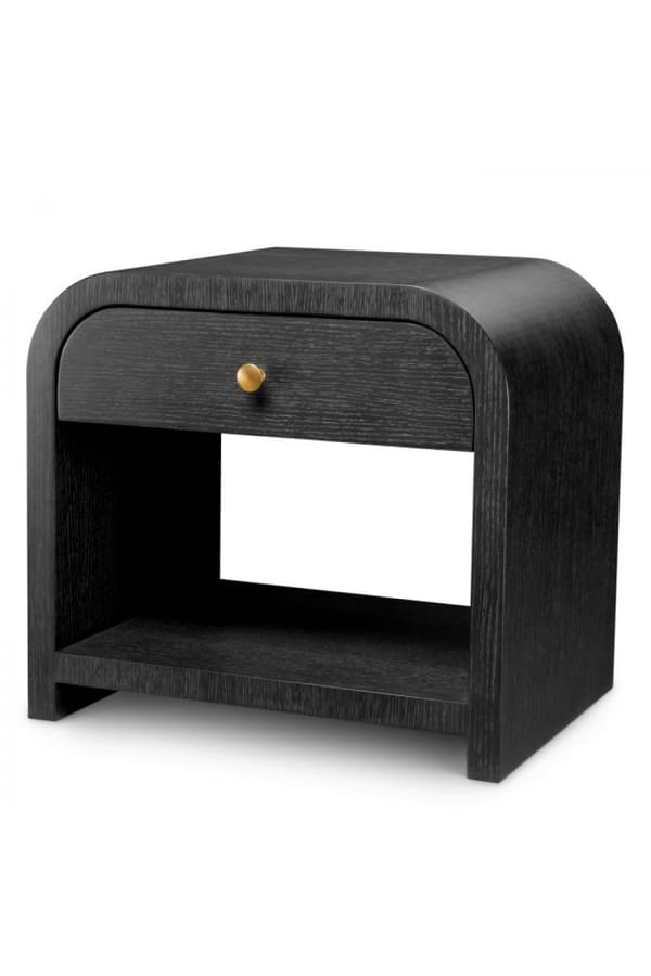 Luxury Black Oak Veneer Nightstand with Brushed Brass Finish