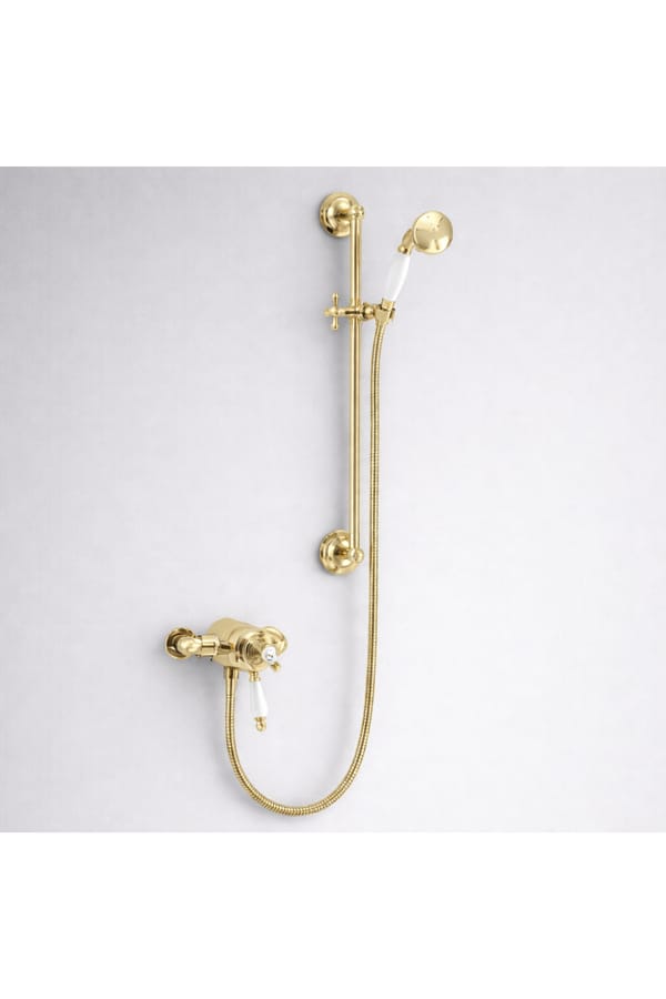 Luxury Exposed Thermostatic Dual Control Shower with Adjustable Flexible Riser Kit in Vintage Gold Plated Finish
