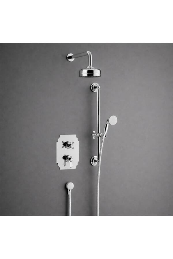 Luxury Concealed Thermostatic Dual Control Shower Valve with Fixed Head and Flexible Riser Kits in Chrome Plated Finish