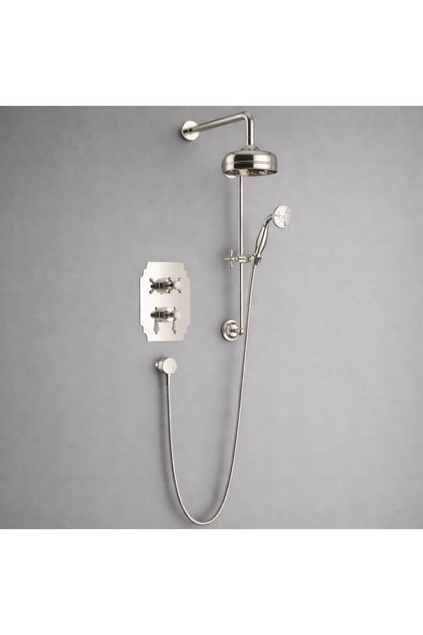 Luxury Concealed Thermostatic Dual Control Shower Valve with Fixed Head and Flexible Riser Kits in Vintage Gold Plated Finish