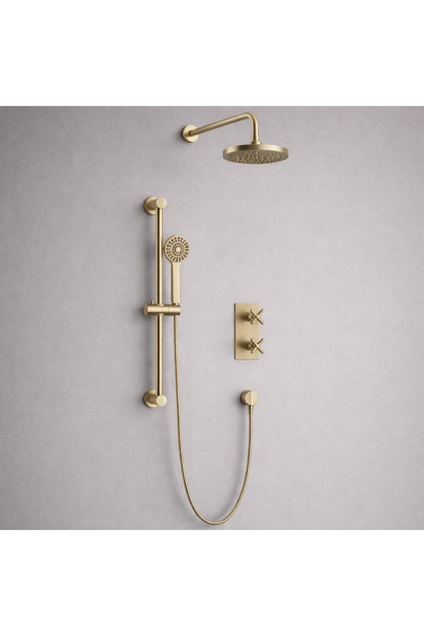 Luxury Concealed 2 Handle Thermostatic Shower Valve with Fixed Head & Multi-Function Handset in Brushed Brass Finish