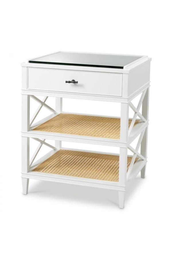 Luxury Piano White Mahogany Side Table with Glass Top