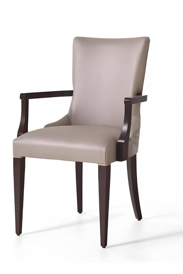 Luxury Beige Upholstered Dining Armchair with Wooden Armrests