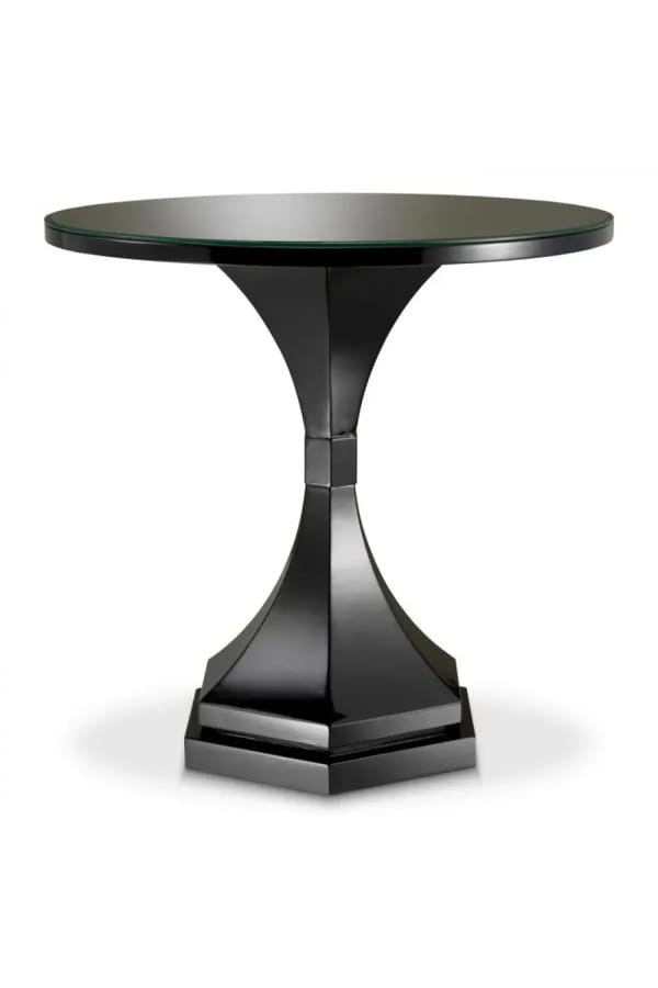 Luxury Piano Black Finish Art deco Round Side Table with Clear Glass Top