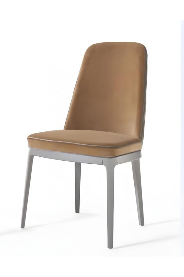 Luxury Caramel Upholstered Dining Chair with Sleek Gray Legs