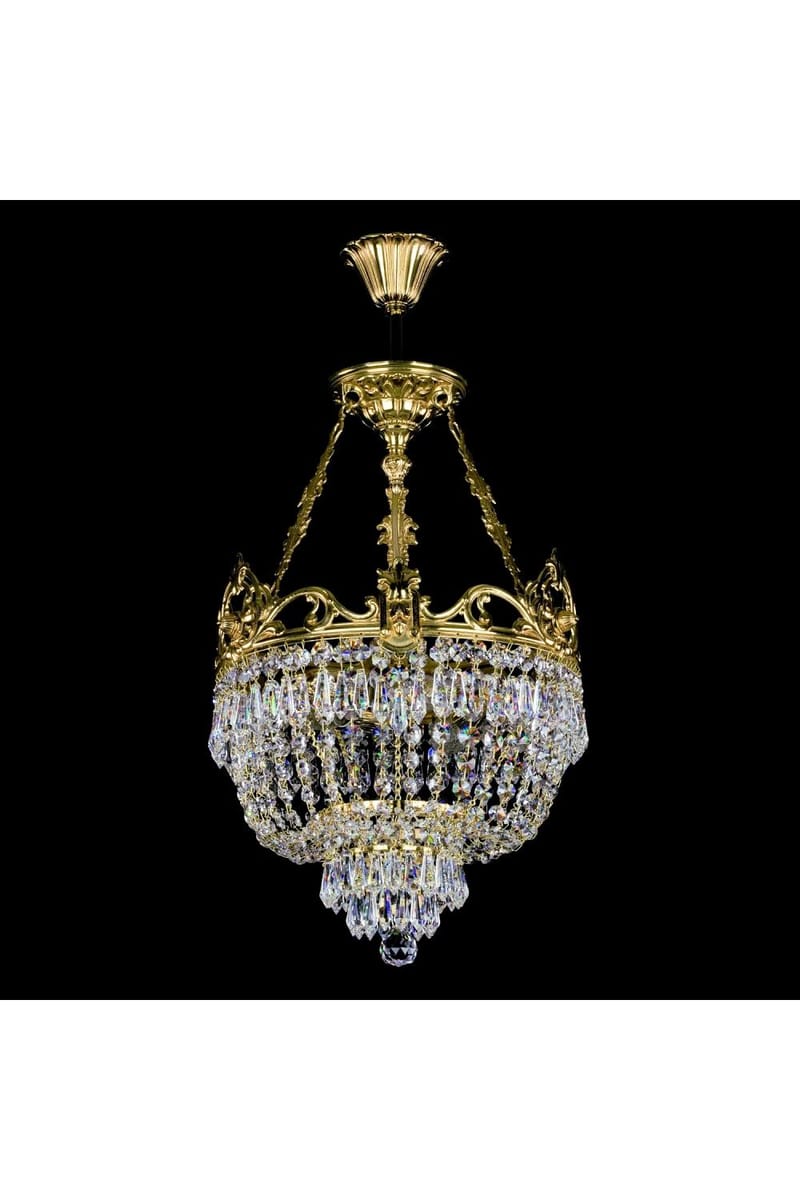 Kristallkorb-Deckenleuchte aus poliertem Messing - Luxus 3-Licht Leuchte