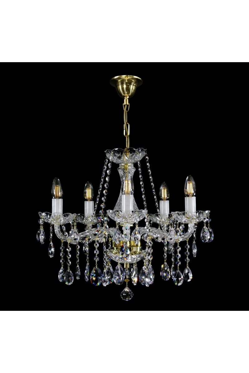 Eleganter moderner 5-Licht-Kronleuchter aus Kristall mit Goldmessing-Finish
