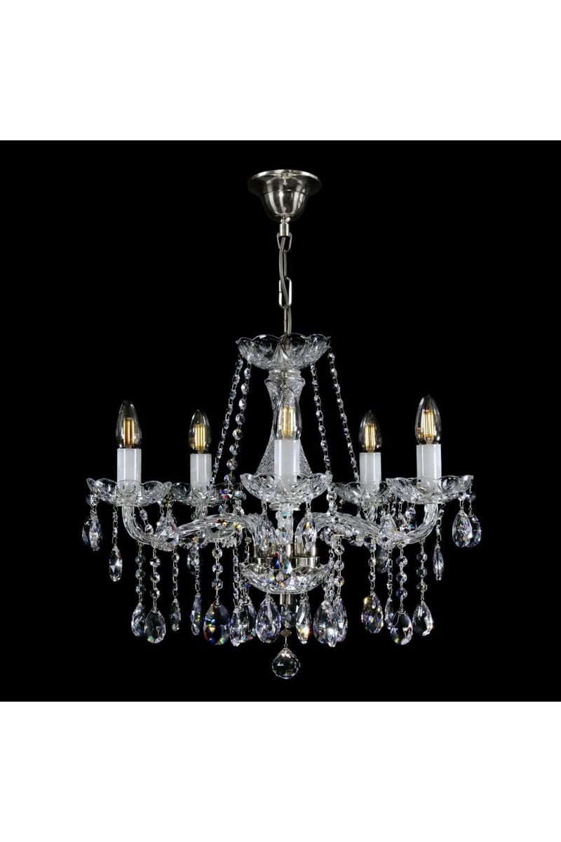 Eleganter moderner 5-Licht-Kronleuchter aus Kristall mit poliertem Nickel