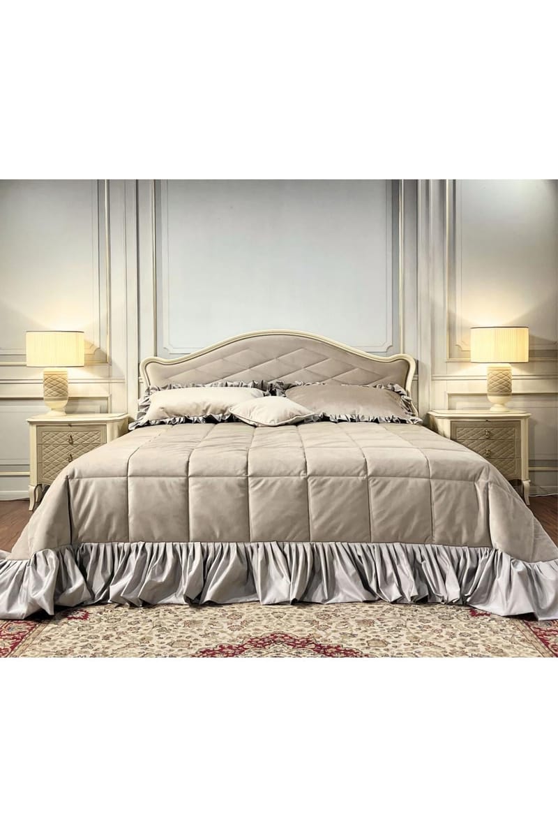 Imperial Ivory Velvet King Bed – Quilted Elegance with Lacquered Finish