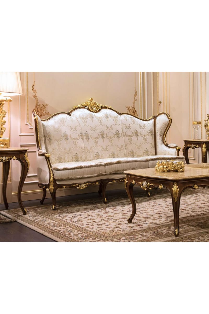 Royal Three-Seater Sofa – Walnut Finish with Gold & Silver Detailing
