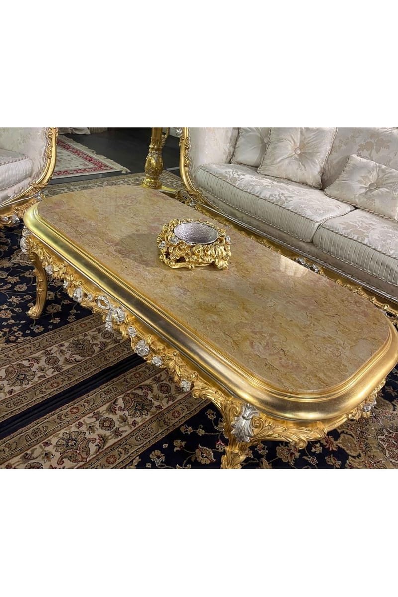 Luxury Rectangular Coffee Table – Crema Valencia Marble with Gold & Silver Finish