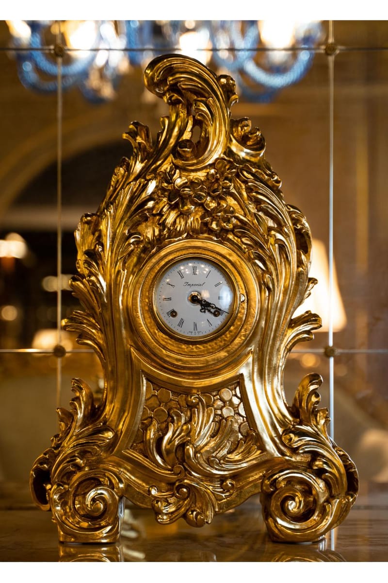 Royal Empire Table Clock – Hand-Carved Luxury Clock with Gold Leaf Finish
