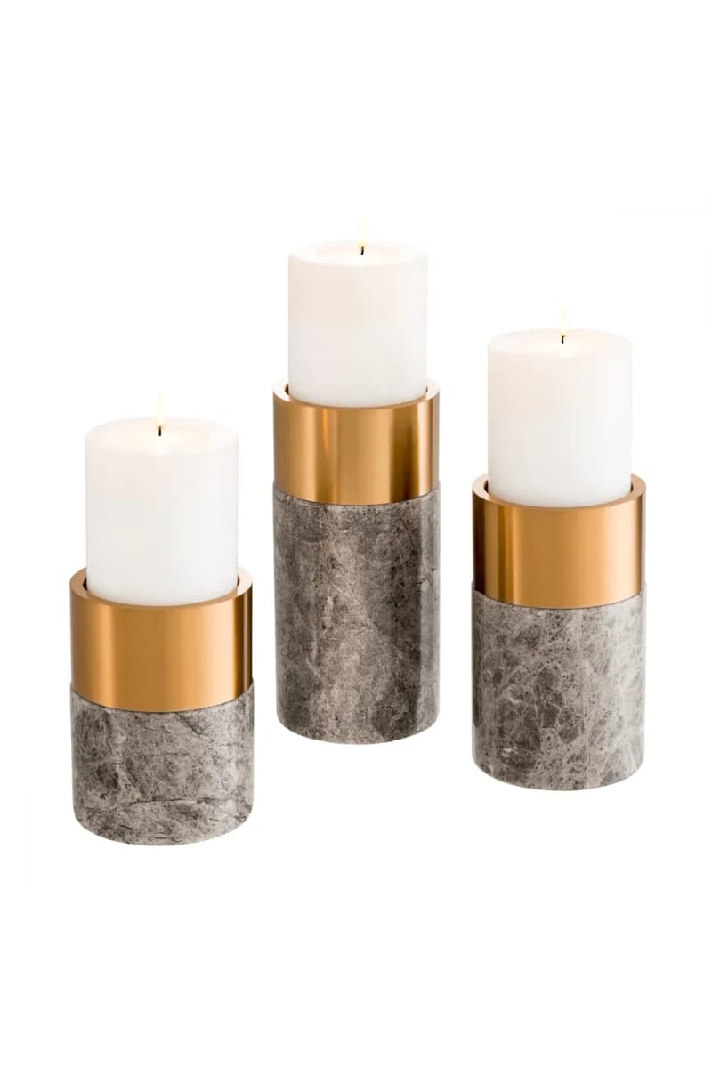 Modern Candle Holder Trio – Sierra Grey Marble & Brass Accent