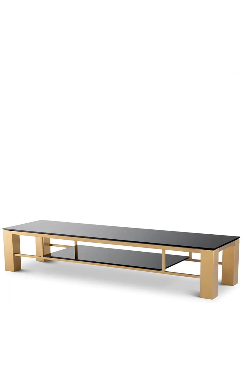 Regal TV Cabinet  Brushed Brass Frame with Black Glass Shelving