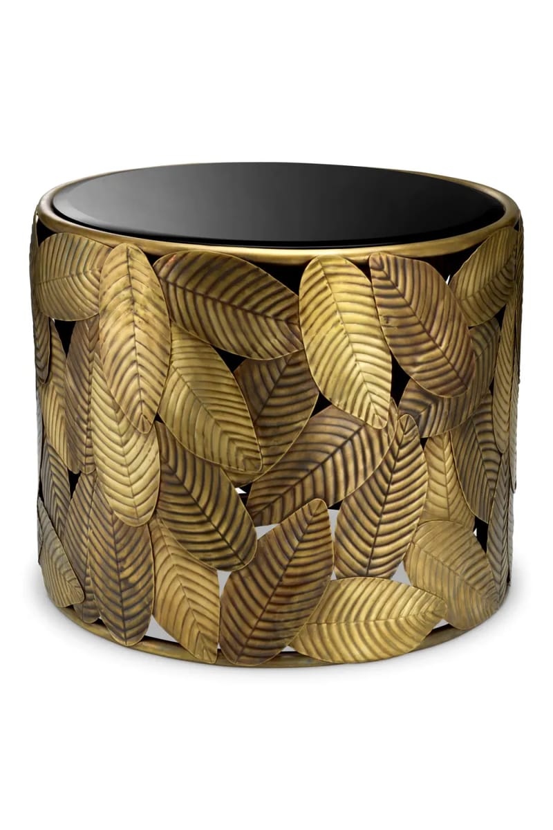 Luxury Vintage Brass Finish Round Botanic Side Table With Black Glass